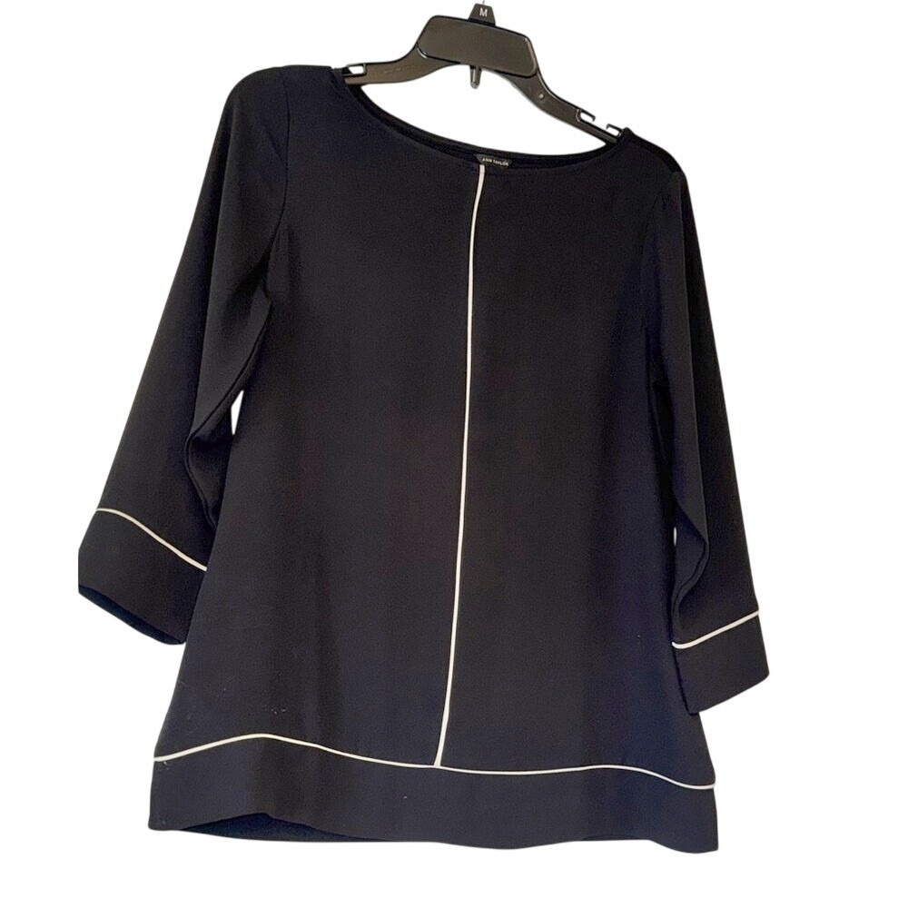 Ann Taylor Black Tunic Top White Piping Boat Neck 3/4 Sleeve Blouse XS 494864